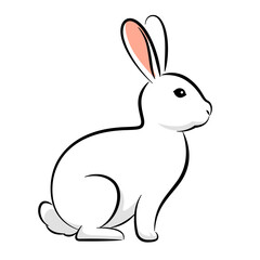 Painting of white rabbit sitting sideways, cartoon style illustration.