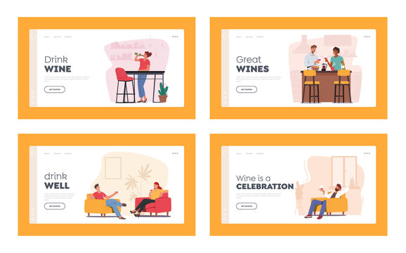 People Drinking Wine Landing Page Template Set. Celebrate Home Party or Dating. Male and Female Characters Dating
