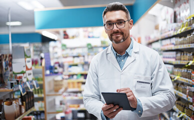 I manage my pharmacy with wireless technology. Portrait of a handsome mature pharmacist using a...