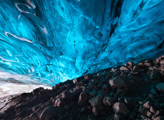 The Crystal Ice Cave in Iceland. Vatnajokull National Park. Inside view of the ice. Winter landscapes in Iceland. Natural background. North country.