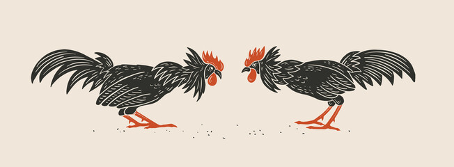 Two fighting black roosters look at each other. Domestic birds on a light isolated background. Can be used for your design. Vector illustration. © KOSIM