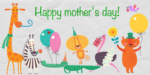 funny greeting card with party animals and the message HAPPY MOTHER'S DAY on paper background