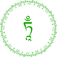 Tibetan syllables green tara mantra Om Tare tuttare ture soha is one of the most  commonly chanted mantras in Tibetan Buddhism, and it means compassion, strength and healing. - obrazy, fototapety, plakaty