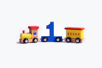 Very colorful toy wooden train with the number one. Love and happiness birthday celebration, performance illustration, online educational toy. early learning
