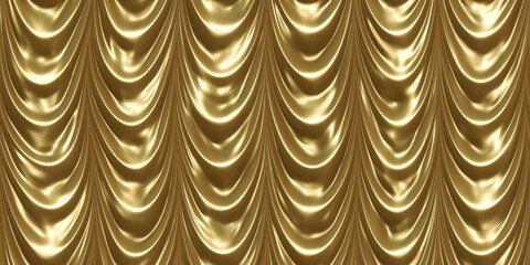 Seamless gold theater curtains background. Luxurious silky velvet tileable drapes texture. Repeat pattern for performance or promotion backdrop. A high resolution 3D rendering.