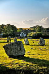 Avebury Neolithic henge and stone circles, Wiltshire, England. 5600 years old. Over inner South...
