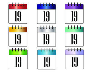 day 19. blue, red, gray, gold, green, purple and silver calendar icons. colorful calendar sets for days of the month