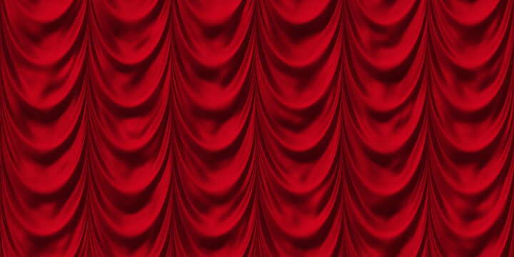 Seamless red theater curtains background. Luxurious silky velvet tileable drapes texture. Repeat pattern for performance or promotion backdrop. A high resolution 3D rendering.