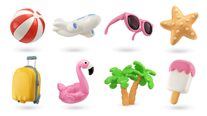 Summer 3d realistic render vector icon set. Inflatable ball, airplane, sunglasses, starfish, suitcase, flamingo, palm trees, ice cream - 495332592