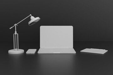 An abstract laptop, lamp, telephone and tablet of white pastel color on a black background. Minimalistic concept, modern office, abstract room. Modern work, creative. 3D rendering, 3D illustration.