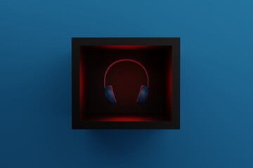 Headphones in the frame illuminated by red light on a blue background. Music headphone concept, using headphones to create music. 3D rendering, 3D illustration.