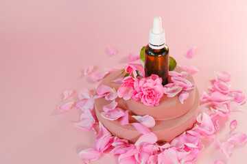 Rose essential oil in a glass bottle and rose flowers on a podium on a pink background.natural rose oil. Aromatherapy and cosmetics .