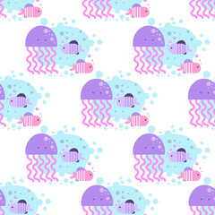 Seamless pattern with cute squid vector illustration in cartoon style