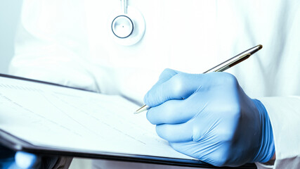 Clipboard man medical background. Happy nurse in blue gloves, hospital uniform holding patient...