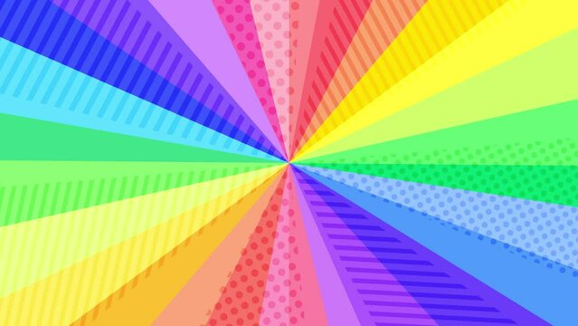 ドットとストライプ柄の虹色カラフルなサンバースト放射ループアニメ