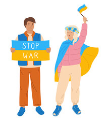 Stop war in Ukraine People at rally. Person hold flag, banner or poster no war. Couple young men and women take part political meeting. Protest, parade against warfare. Flat design illustration