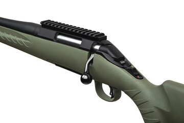 Modern bolt carbine isolated on white back. Weapons for sports, hunting and self-defense. Left...