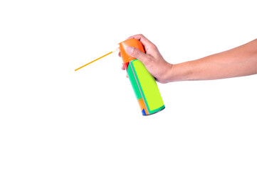 Hand holding and holding aerosol cans  isolated on white background