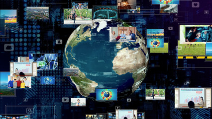 International broadcasting concept. Video distribution service. Streaming video. communication network. 