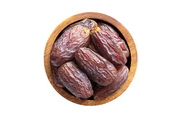 dried royal dates fruit in wooden bowl isolated on white background. Vegan food, top view.