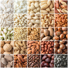 mix nuts and seeds background, large collage of raw food for snack.
