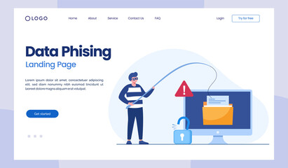 Phishing, Hacker Attack Concept. Hackers Stealing Personal Data. Internet Security with Tiny Character Insert Password on Website. Cartoon People Vector Illustration landing page