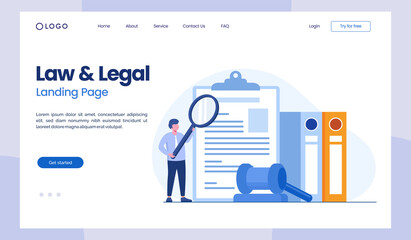 law firm and legal services concept, lawyer consultant, judicial, judge, judgment, flat illustration vector landing page - obrazy, fototapety, plakaty