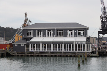 Exterior of Dockside Cafe in Wellington harbour docks, New Zealand.