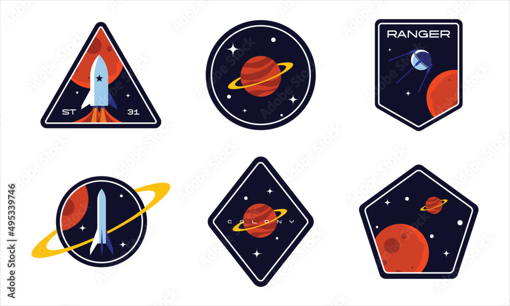 Wall mural set of space badges, patches, emblems, badges and labels. galaxy exploration and astronaut mission v