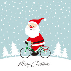 christmas card with santa riding a bicycle