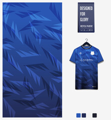 Soccer jersey pattern design. Abstract pattern on blue background for soccer kit, football kit or sports uniform. T-shirt mockup template. Fabric pattern. Abstract background. 