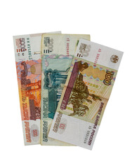 5000, 1000 and 100 russian rubles, money background top view, banknotes isolated for cut out