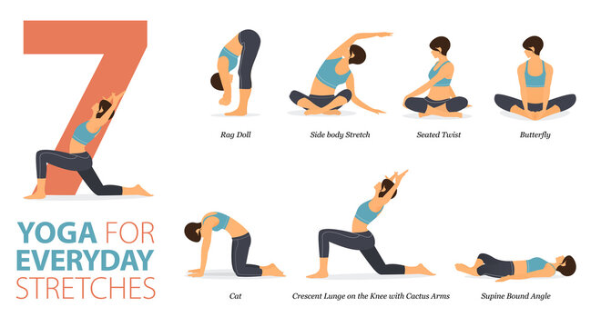 9 Yoga poses or asana posture for workout in filling energised concept. Women exercising for body stretching. Fitness infographic. Flat cartoon vector