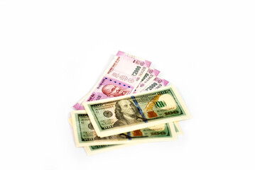 US dollar and Indian rupees banknote isolated on white background.