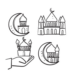 hand drawn doodle mosque and crescent symbol for islamic religion illustration vector isolated