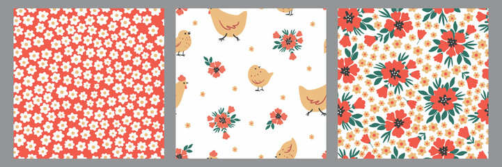 Seamless patterns collection with poppy flowers, chickens, chick, leaves. Easter background for fabric, wallpaper, wrapping paper