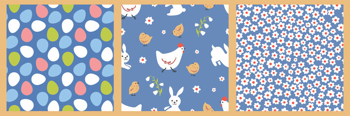 Fototapeta na wymiar Easter vector seamless pattern collection. Background for wrapping paper, wallpaper and fabric. illustration:chicken, eggs, flowers