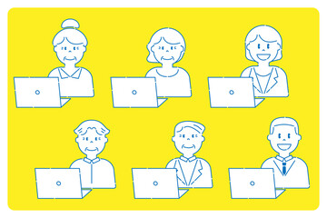 PCを操作するいろいろな人6　高齢者と若者　線画