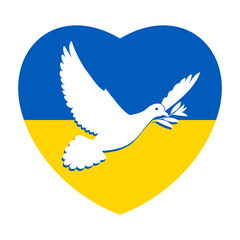 White Dove of Peace Flying with a Branch on the Background of the Ukrainian Flag in Heart Shape. Pray for Peace in Ukraine Concept Illustration on White Background