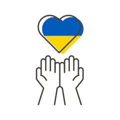 Hands giving a heart shape with ukrainian flag colors. Vector icon illustration for ukraine crisis with russia war