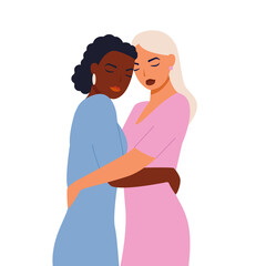 A woman embraces her friend and they look to each other. Concept of fighting for equality and female empowerment movement. Vector illustration. Two girlfriends hugging. Multi-ethnic friendship. 