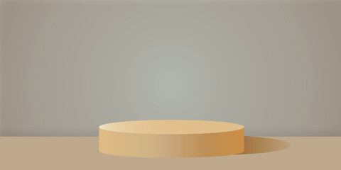Wooden product background stand or podium pedestal with light on empty display with brown backdrop in warm colours. Concept for product presentation, show cosmetic. 3d paper cut design style.