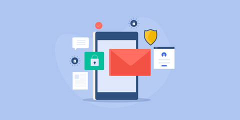 Mobile security application, secure login access to mobile email app, data protection, internet communication cyber security software with shield and lock, vector illustration concept, web banner.
