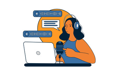 vector hand drawn illustration in flat style on the theme of recording podcasts. young woman in headphones recording audio in front of a microphone