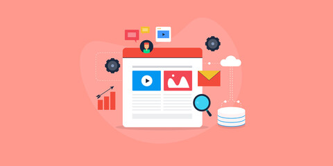 Web content management technology, CMS dashboard panel, admin console, database, blogging software application, internet communication technology, flat design web banner template.