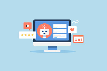 Artificial intelligence Robot technology, automation software application content marketing and management for social media audience concept, flat design web banner template.