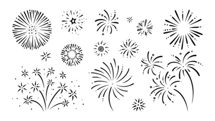 Doodle firework set. Shiny foreworks for parties and celebrations. Vector illustration isolated in white background