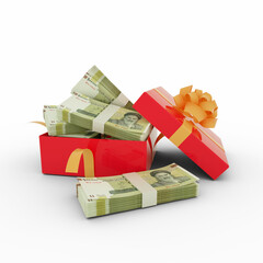 Stack of 100000 Iranian rial notes inside an open red gift box. Bundles of Iranian rial inside a gift box. 3d rendering of money inside box isolated on white background
