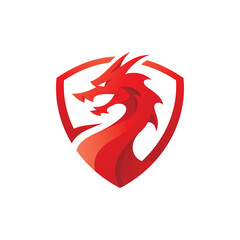 Fototapeta premium Modern dragon or serpent and shield logo design, dragon mascot badge vector icon with red gradient color