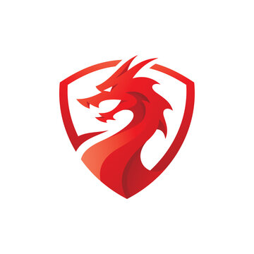 Modern Dragon Or Serpent And Shield Logo Design, Dragon Mascot Badge Vector Icon With Red Gradient Color